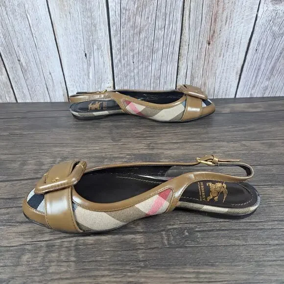 Burberry Flat Leather Sandals Brown/Plaid Slingback Novacheck Women's Sz 5.5